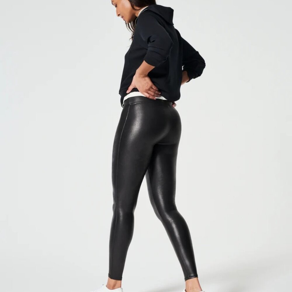 SPANX Faux Leather Leggings Black XL High Waist Tummy Control Dark Feminine Y2K
